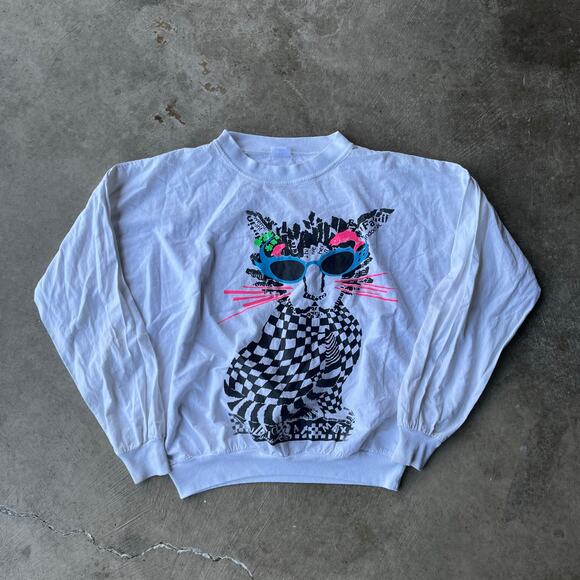 VINTAGE CAT WHISKER SWEATSHIRT 80s RETRO CREWNECK MENS LARGE WHITE USA - Picture 1 of 5